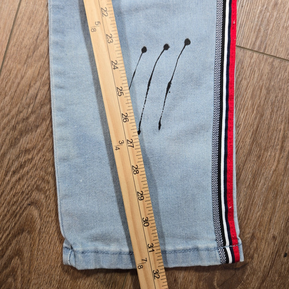 M Society Jeans 40x32 Blue Skinny Fit Distressed Paint Splatter Red Side Stripe - Picture 8 of 10